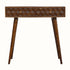 A chestnut brown console table made of mango wood with a textured cube-carved design, featuring two drawers and four Nordic-style legs with brass knob detailing.