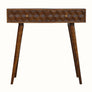 A chestnut brown console table made of mango wood with a textured cube-carved design, featuring two drawers and four Nordic-style legs with brass knob detailing.