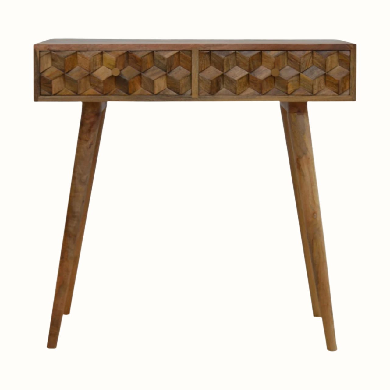 A natural finish mango wood console table with a textured cube-carved design, featuring two drawers and four Nordic-style legs with brass knob detailing.