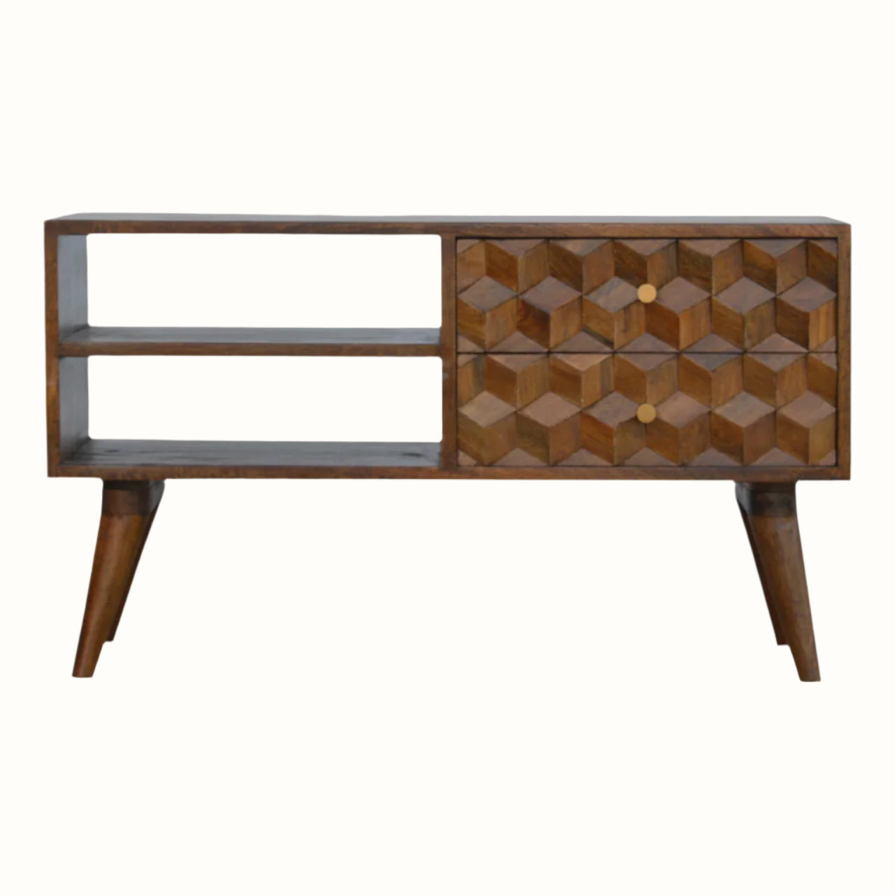 A chestnut brown media unit made of mango wood with a textured cube-carved design, featuring two drawers and four open slot shelves, supported by four Nordic-style legs and brass knob detailing.
