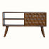 A chestnut brown media unit made of mango wood with a textured cube-carved design, featuring two drawers and four open slot shelves, supported by four Nordic-style legs and brass knob detailing.