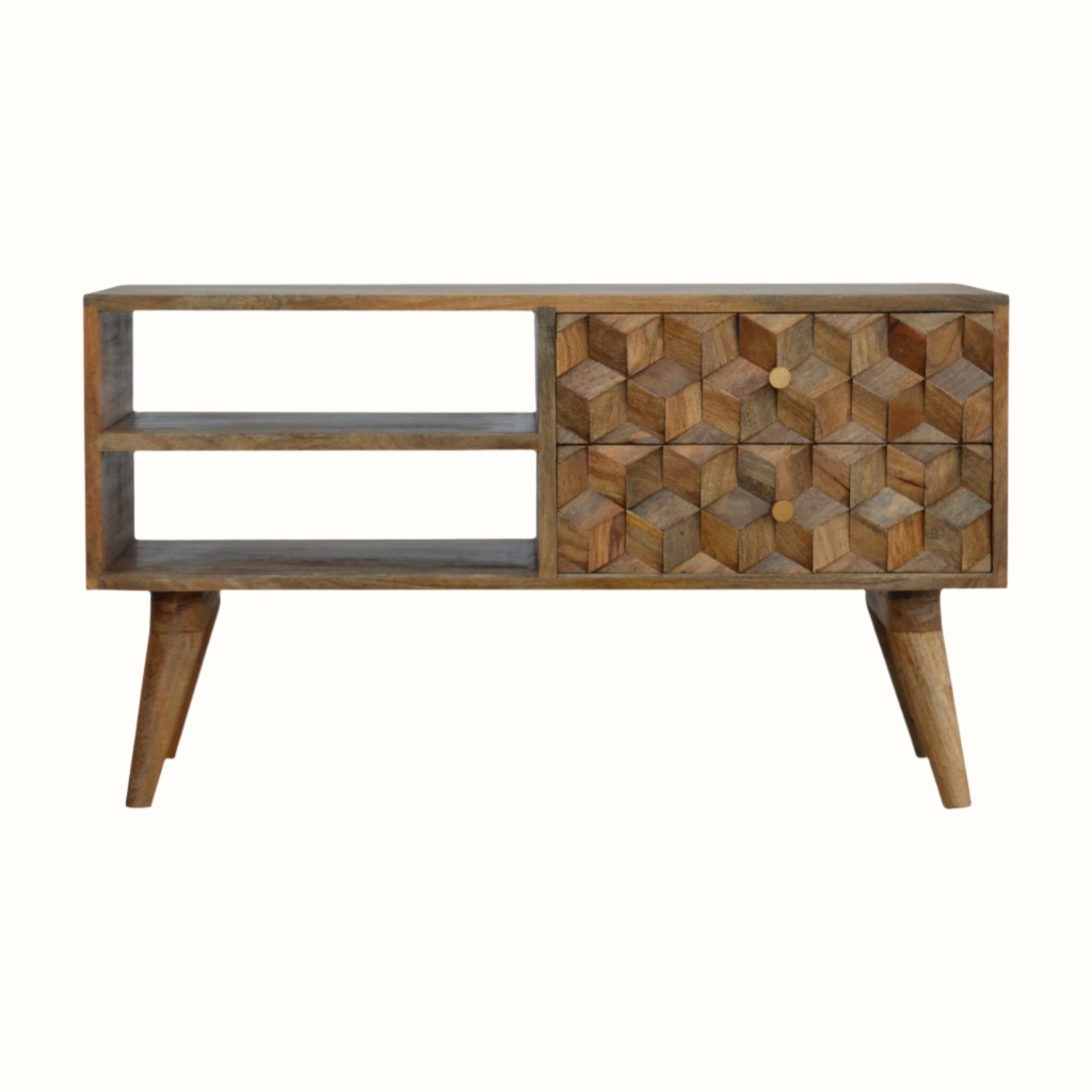 A natural finish mango wood media unit with a textured cube-carved design, featuring two drawers and two open slot shelves, supported by four Nordic-style legs and with brass knob detailing.