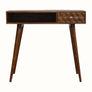 A chestnut brown writing desk with a textured cube-carved design, featuring a single drawer, four Nordic-style legs, and a brass knob.