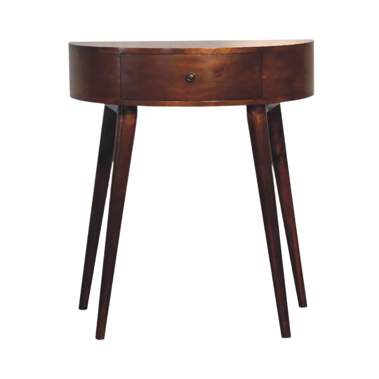 Curved solid wood console table in a dark brown stain.