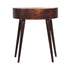 Curved solid wood console table in a dark brown stain.