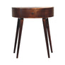 Curved solid wood console table in a dark brown stain.