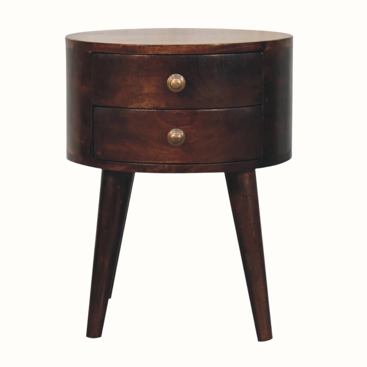 Petite circular bedside table, with two drawers, tapered legs and crafted from solid wood in a brown california walnut finish.