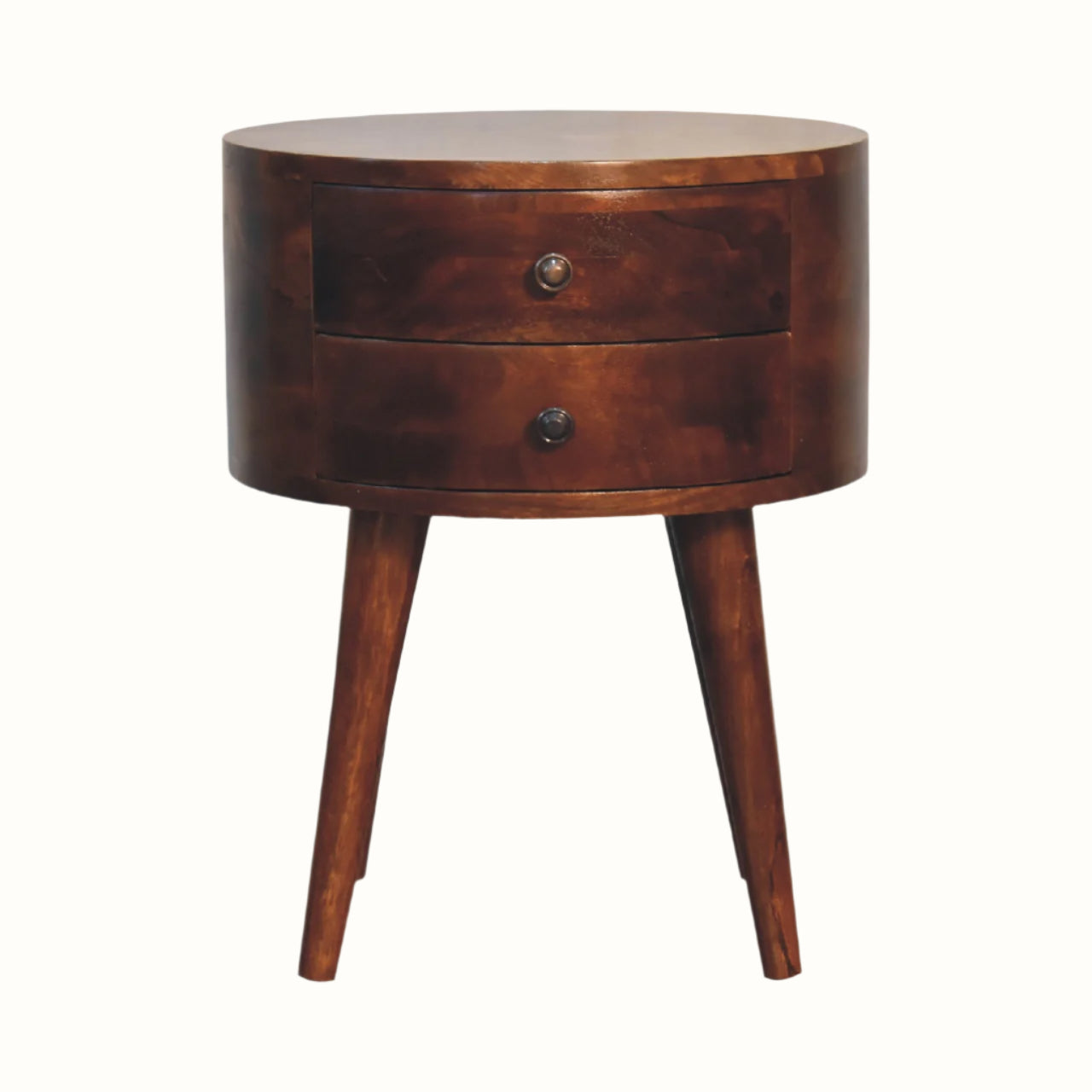 Small circular bedside table, with 2 storage drawers and crafted from mango wood in a dark brown chestnut finish.