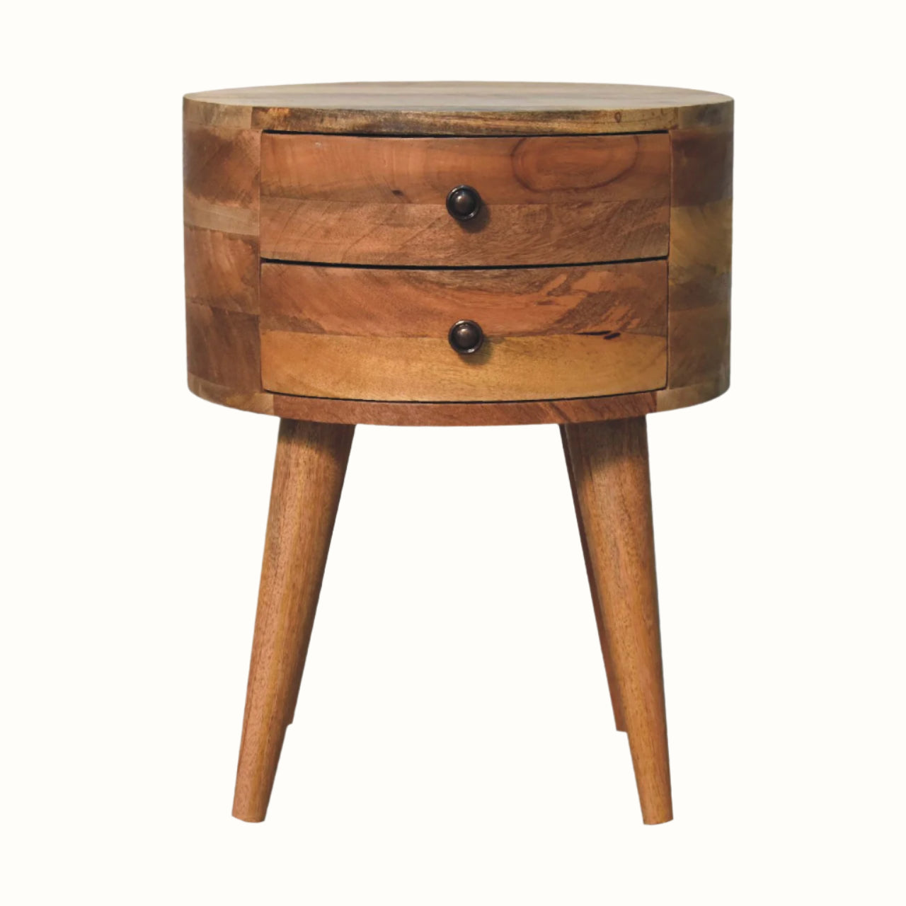 Solid mango wood circular bedside table with 2 drawers, in a light brown, natural finish.