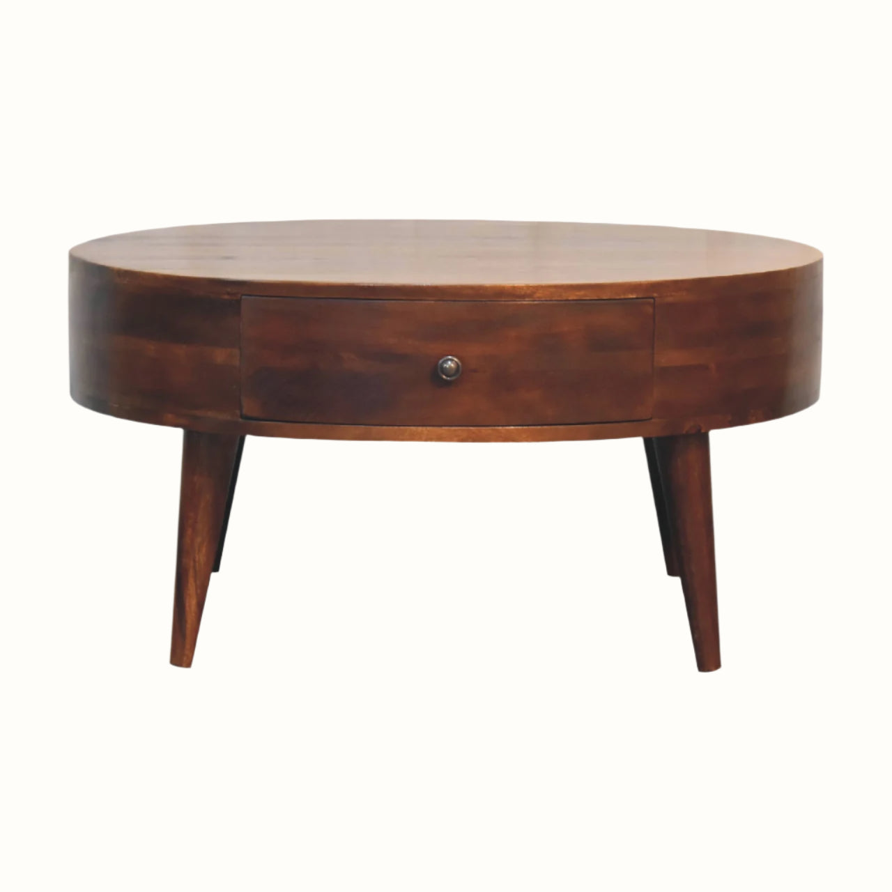 Oval coffee table with storage drawers and handmade from solid wood in a dark brown chestnut finish.