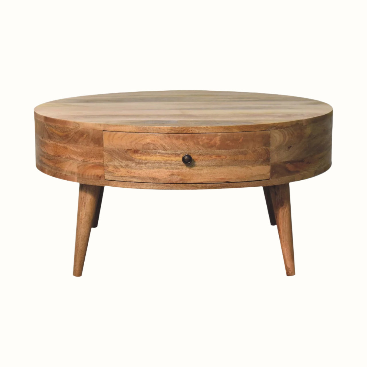 Oval shaped coffee table with storage drawers, short tapered legs, crafted from mango wood in a natural brown finish.