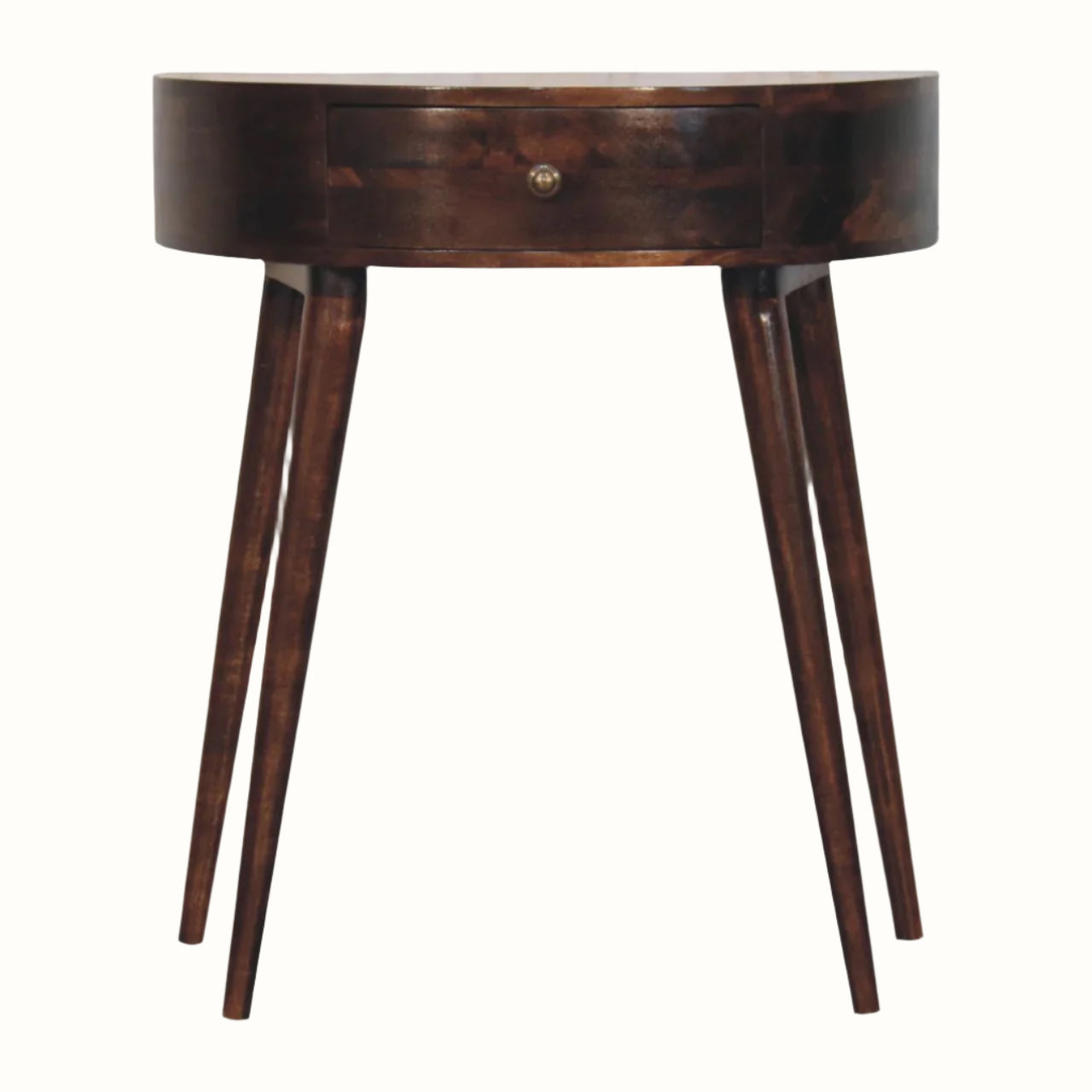 A semi-circular console table, crafted from solid mango wood  in a dark brown, california walnut finish and featuring a single drawer and long tapered legs.