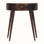 A semi-circular console table, crafted from solid mango wood  in a dark brown, california walnut finish and featuring a single drawer and long tapered legs.