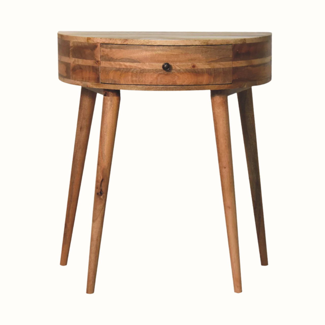 A semi-circular console table with one drawer, tapered-style legs and handmade using mango wood in a natural finish.