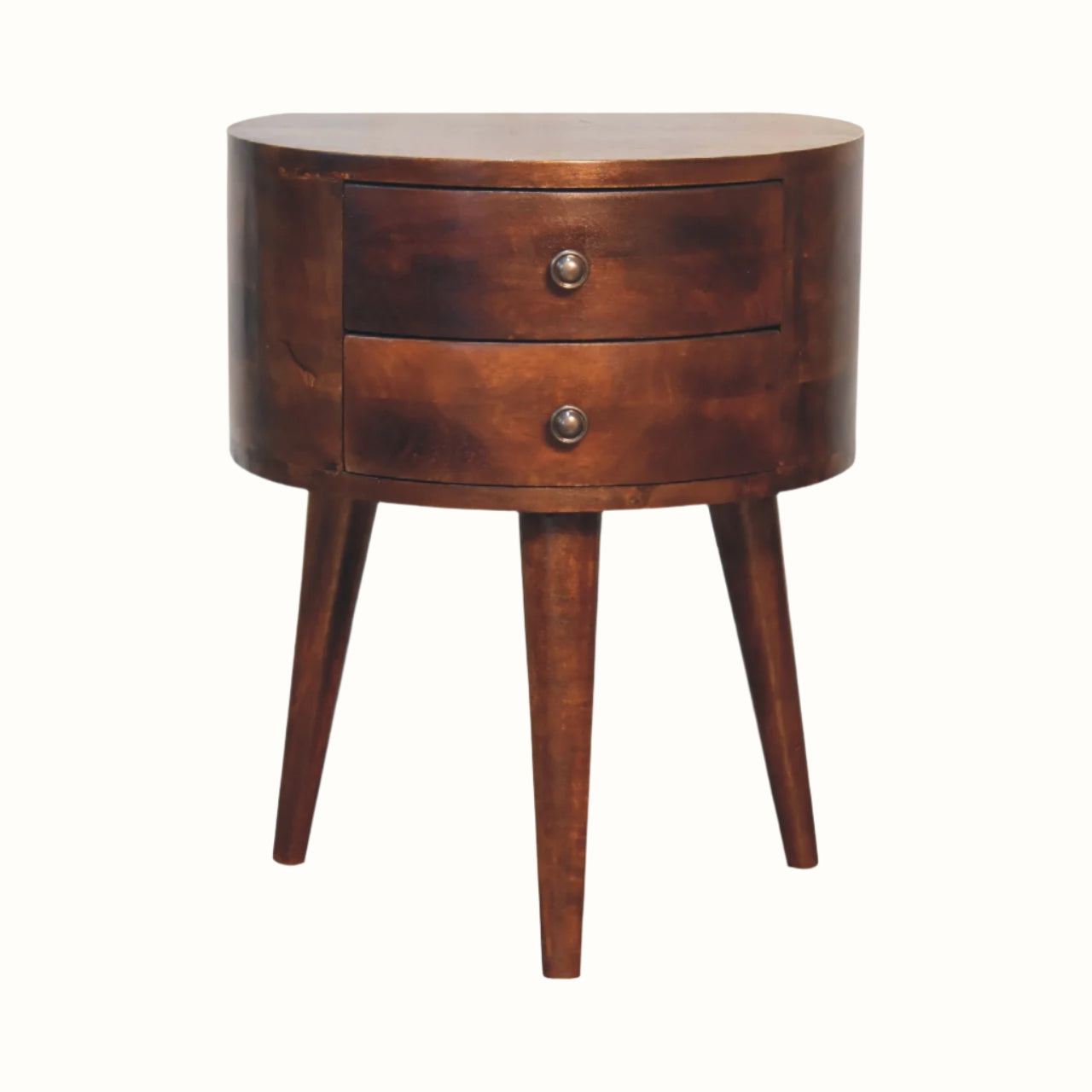 Petite, curved bedside table with two drawers, tripod legs, crafted from mango wood in a dark brown chestnut finish.