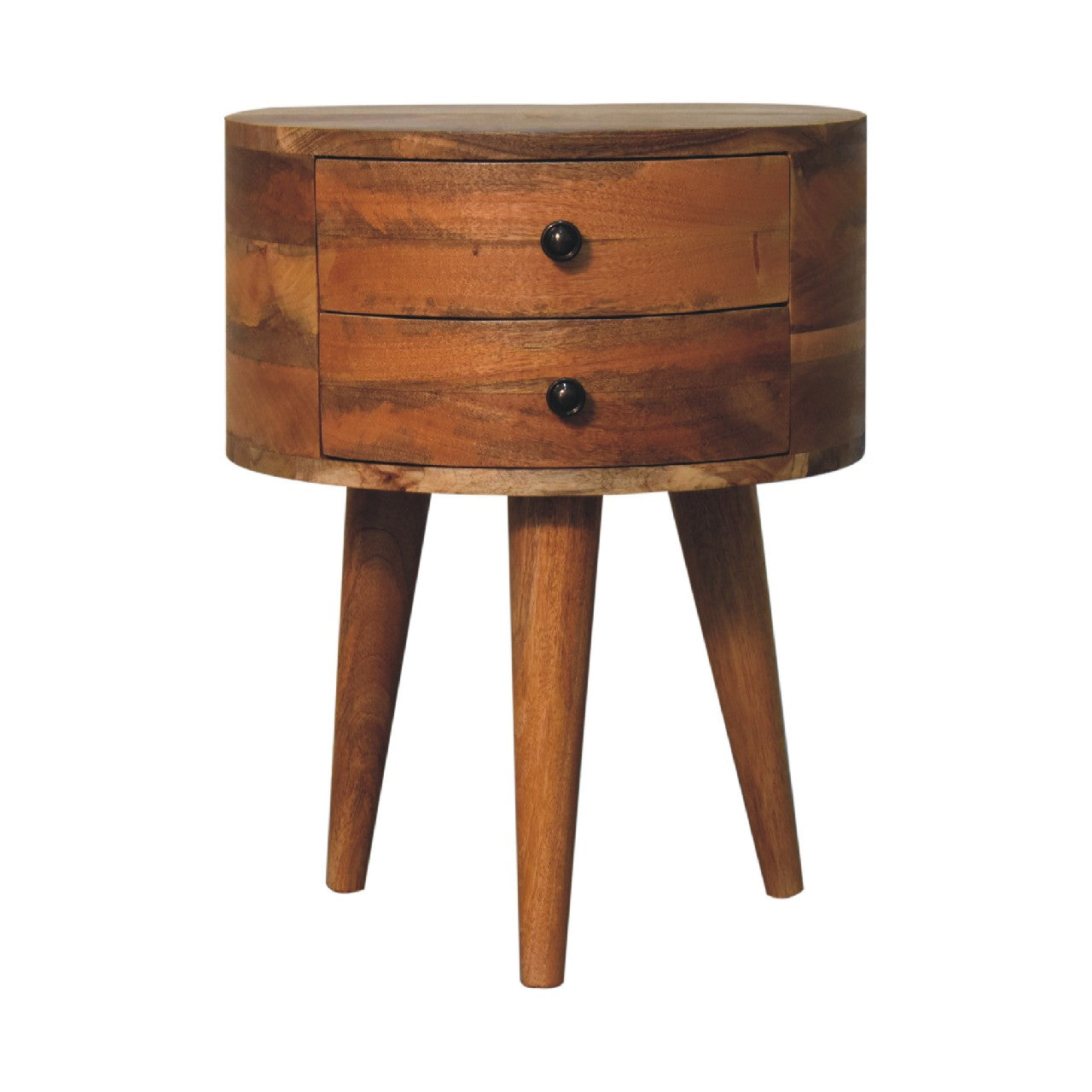 A curved Scandinavian-style bedside table with tripod legs, two drawers and a natural mango wood finish.