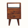 A small chestnut-colored bedside table with two drawers and an open shelf, handcrafted in solid mango wood.