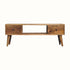 A rectangular wooden coffee table with two drawers and an open slot, featuring metal brass knobs.