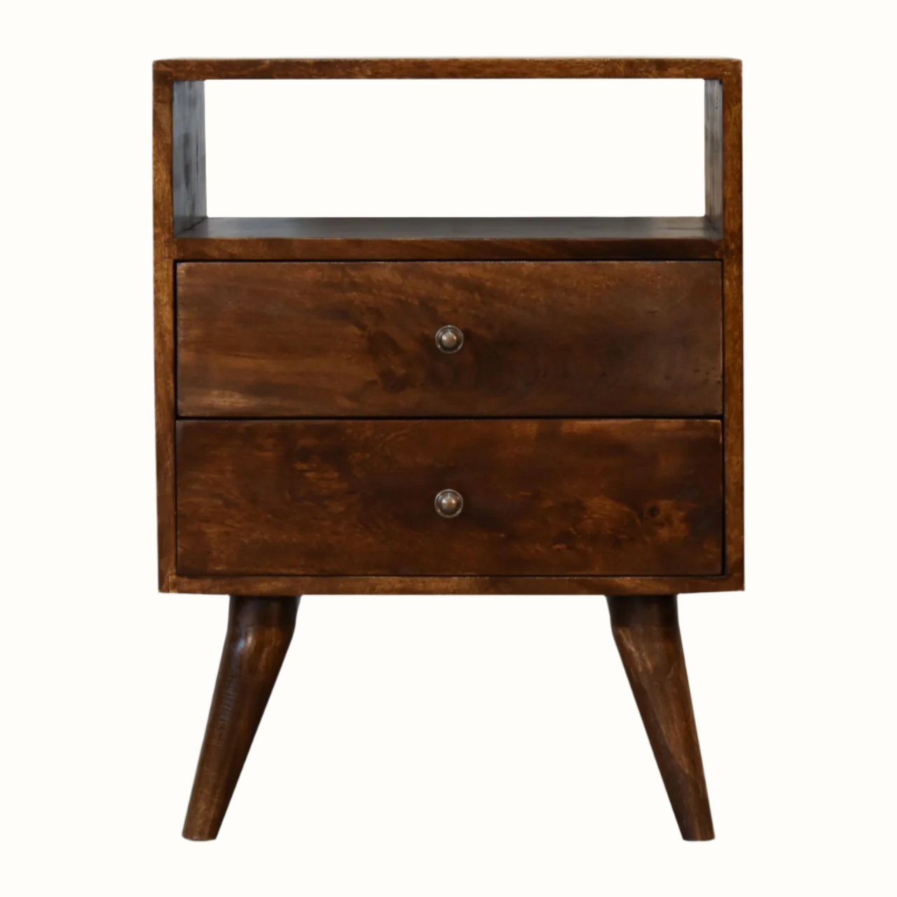 Square shaped wooden bedside in dark brown finish, with two drawers an an open slot shelf.