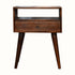 A chestnut brown Fogel bedside table with a single drawer and open slot shelf, featuring brass knobs and tapered legs.