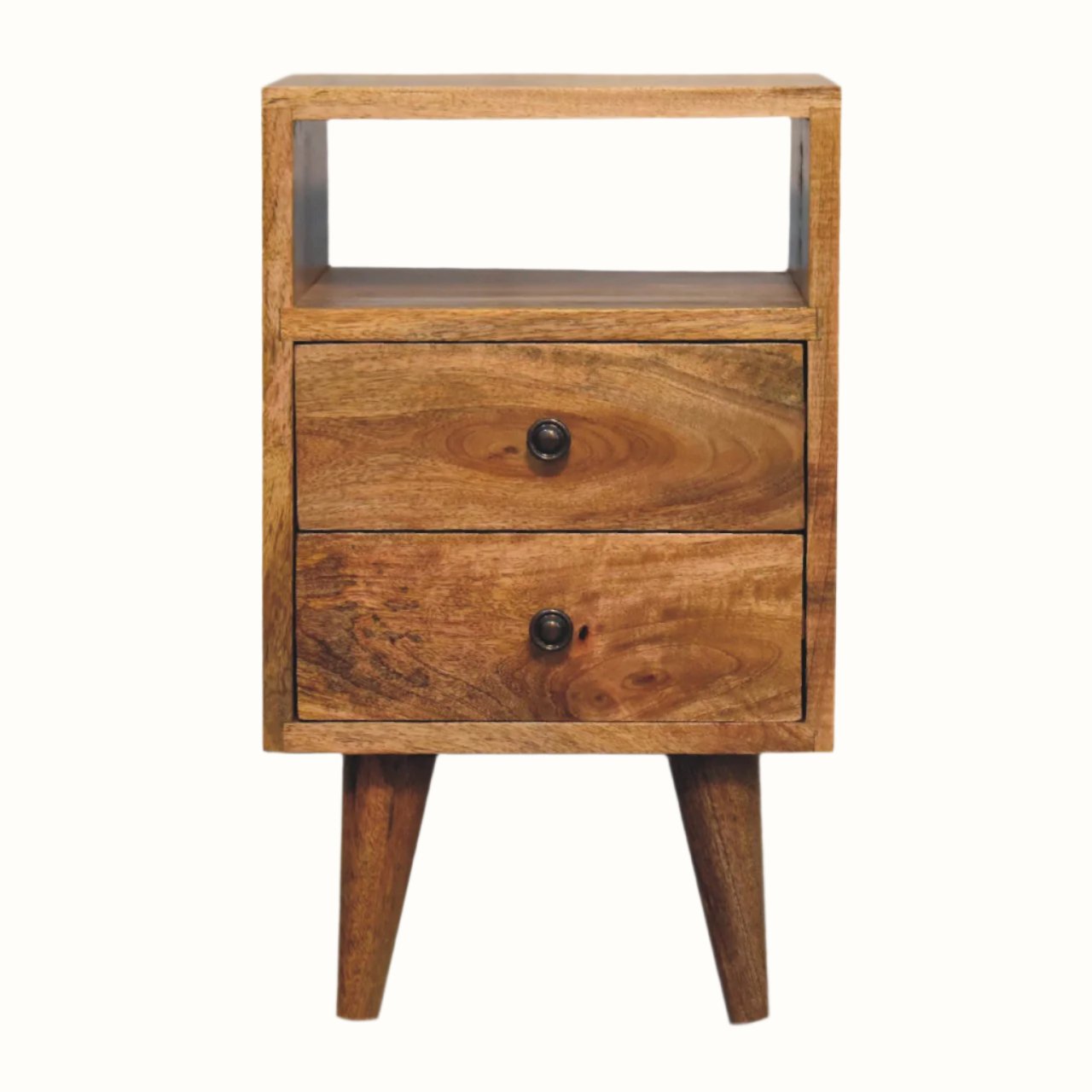 A rectangle shaped bedside with an open shelf and two storage drawers.