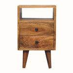 A rectangle shaped bedside with an open shelf and two storage drawers.