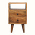 A rectangle shaped bedside with an open shelf and two storage drawers.