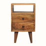 A rectangle shaped bedside with an open shelf and two storage drawers.