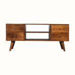 A brown wooden TV stand with four drawers and two open slot shelves, featuring brass knobs and short tapered legs.
