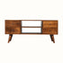 A brown wooden TV stand with four drawers and two open slot shelves, featuring brass knobs and short tapered legs.