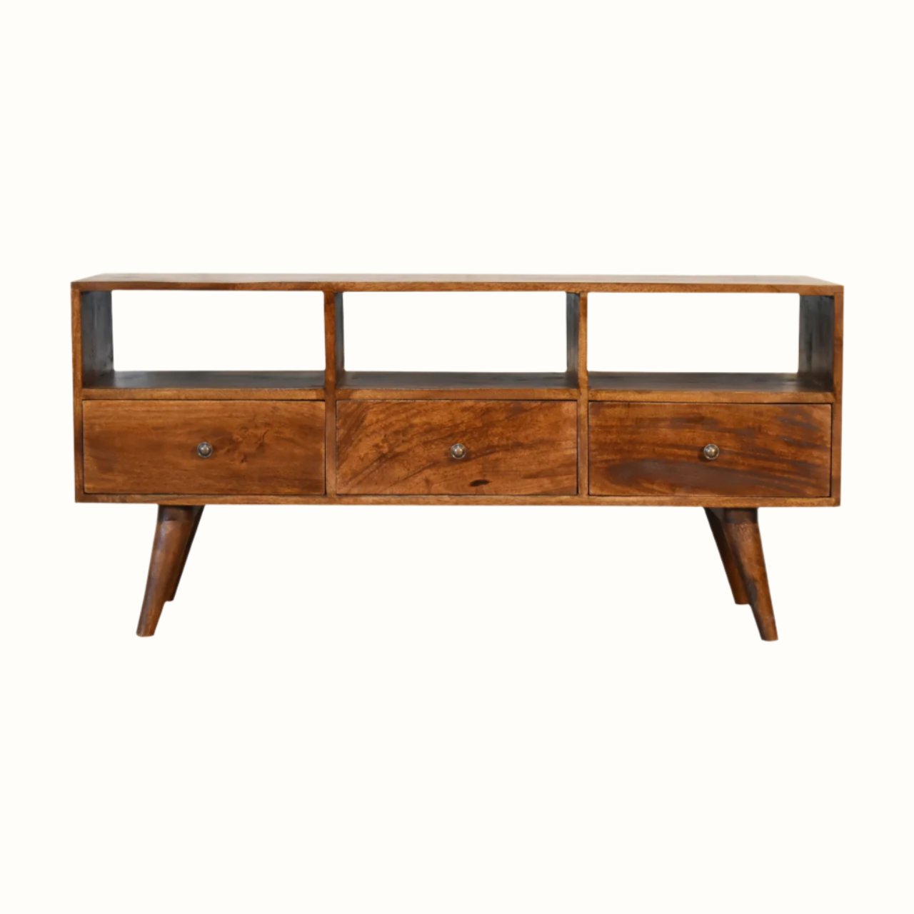 A dark wood TV stand with three drawers and open slots, featuring a traditional Norwegian design.