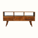 A dark wood TV stand with three drawers and open slots, featuring a traditional Norwegian design.