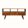 A dark wood TV stand with three drawers and open slots, featuring a traditional Norwegian design.