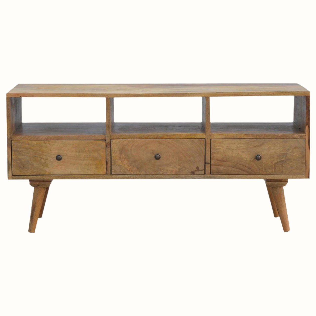 A natural wood TV stand with three drawers and open slots, featuring a traditional Norwegian design.