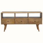 A natural wood TV stand with three drawers and open slots, featuring a traditional Norwegian design.
