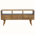 A natural wood TV stand with three drawers and open slots, featuring a traditional Norwegian design.