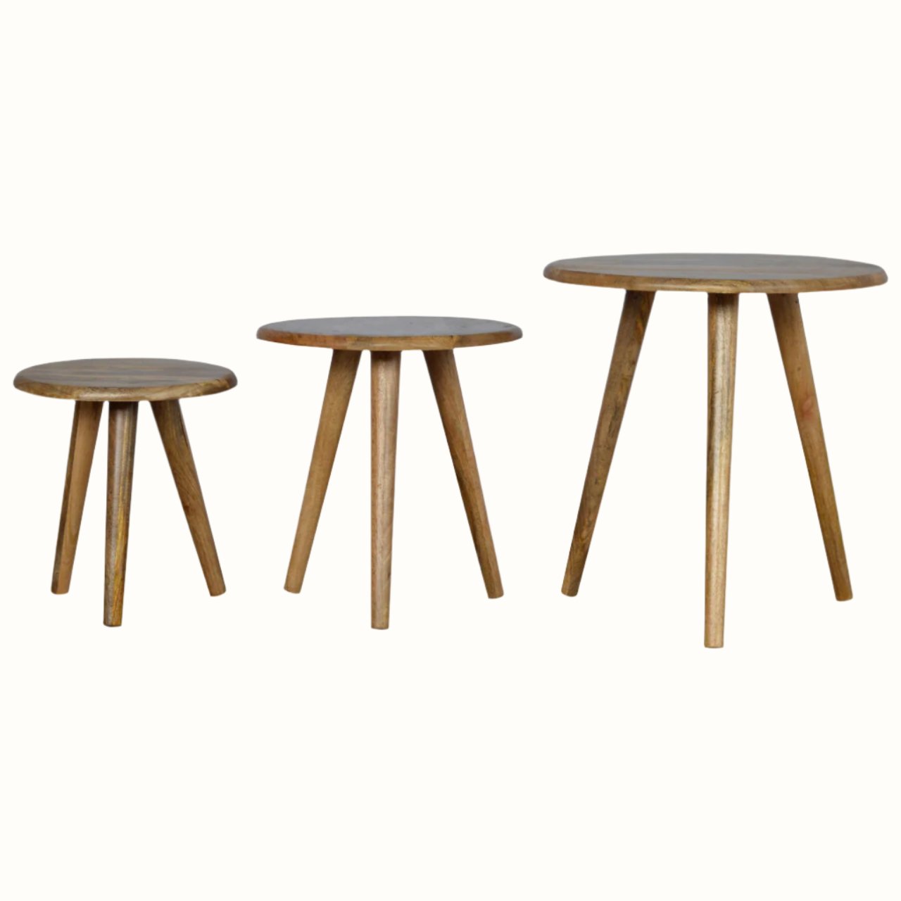 A set of three natural finish mango wood stool chairs with tapered legs, in varying sizes, against a white background.