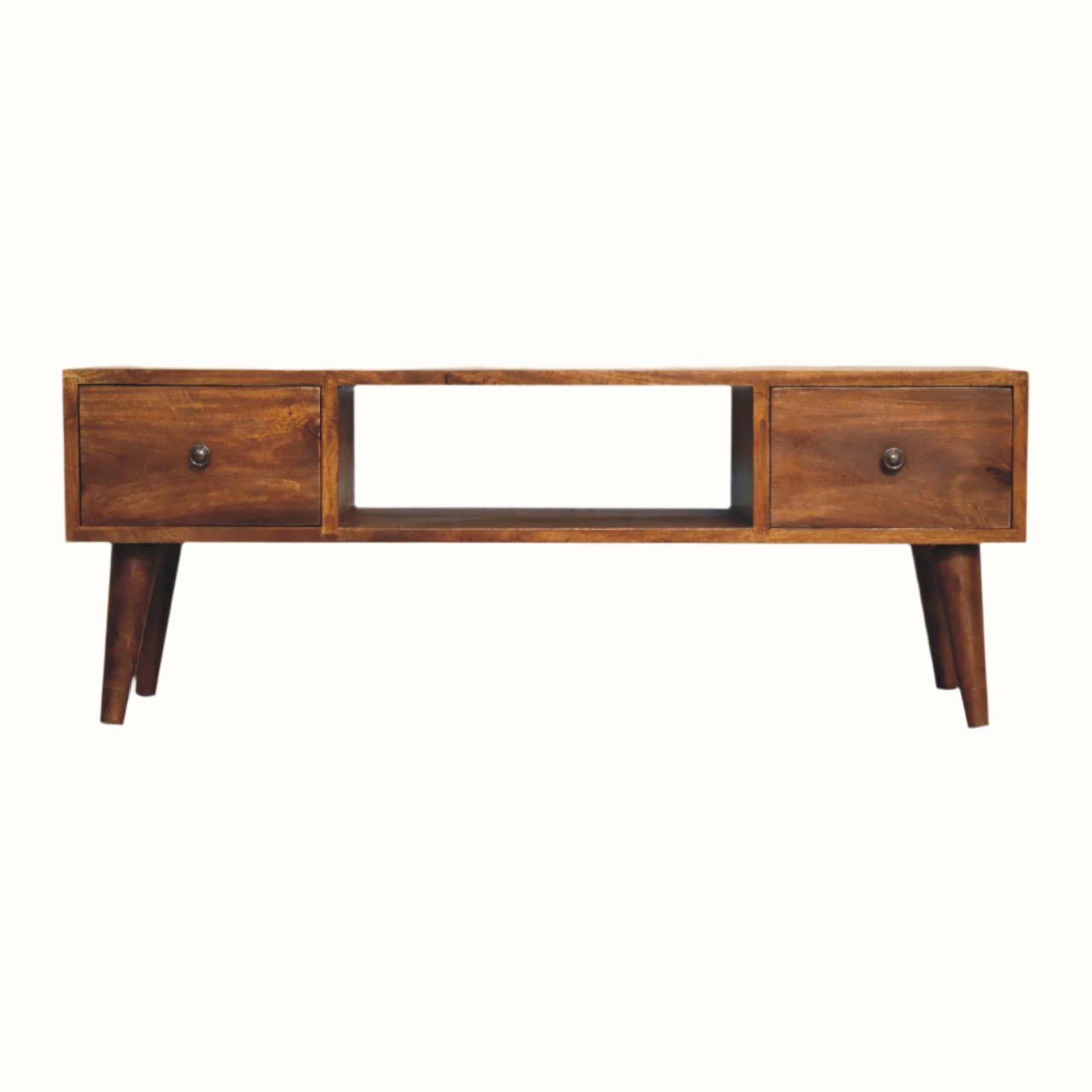 Rectangle tv stand, made from mango wood in a chestnut finish, with two drawers and a centred open slot shelf compartment.