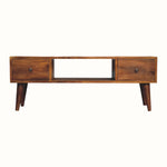 Rectangle tv stand, made from mango wood in a chestnut finish, with two drawers and a centred open slot shelf compartment.