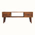 Rectangle tv stand, made from mango wood in a chestnut finish, with two drawers and a centred open slot shelf compartment.