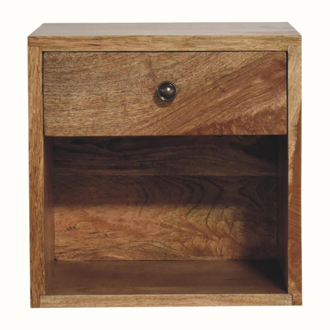 Wall mounted bedside made from wood, with an open shelf, and storage drawer.
