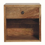 Wall mounted bedside made from wood, with an open shelf, and storage drawer.