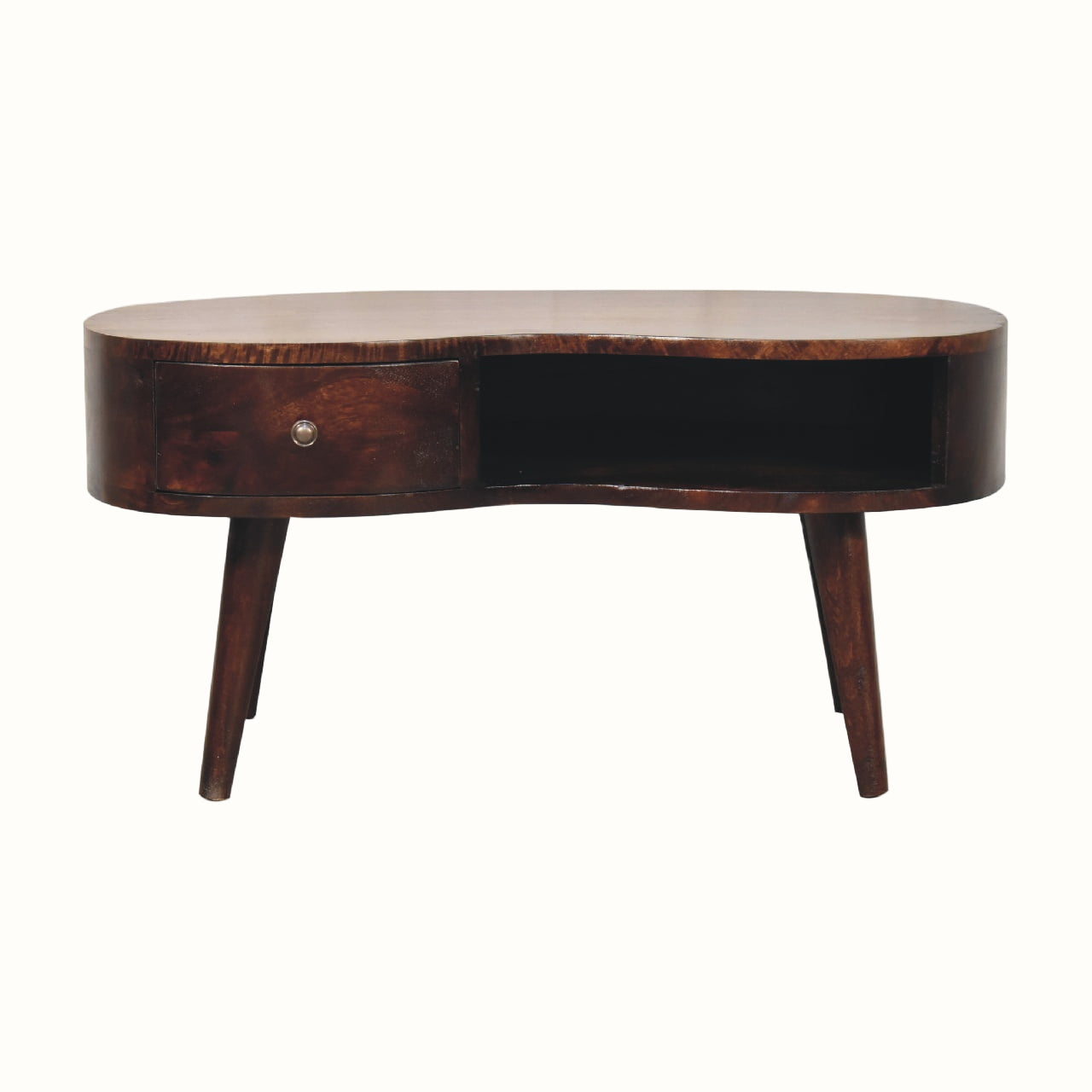 Wooden desk with a curved top and four legs on a white background
