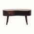 Wooden desk with a curved top and four legs on a white background
