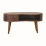 Curved coffee table made from wood in a dark brown finish.