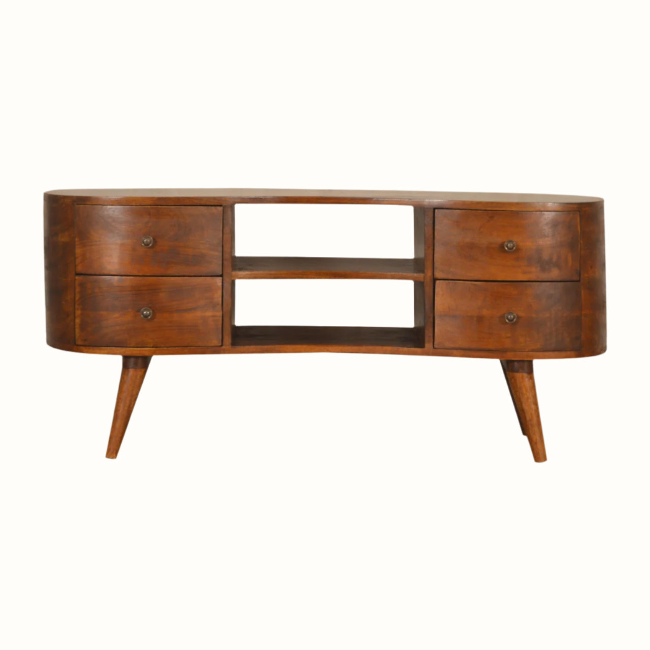A vintage-style media unit with a chestnut finish, featuring a curved silhouette, brass knobs, and four drawers with open slot shelves on top.
