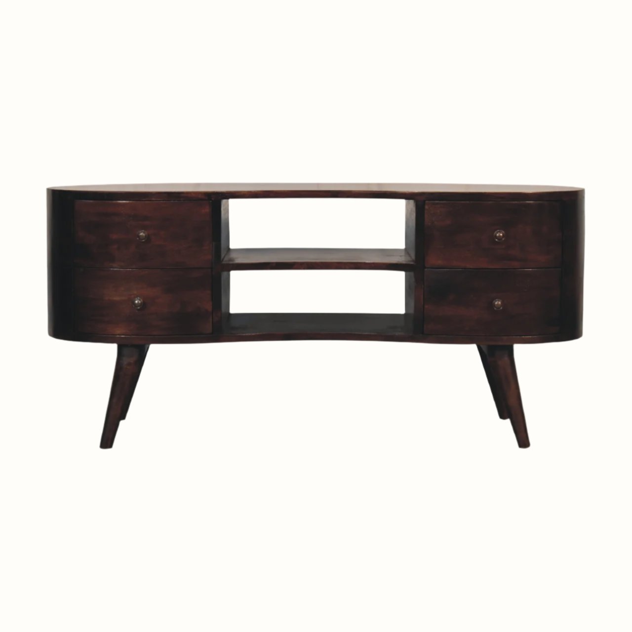 A walnut brown media unit with a curved silhouette, featuring two open slot shelves and four drawers with brass knobs.
