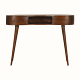 A large chestnut-colored writing desk with an open slot shelf and two drawers, featuring a brass knob and four tapered legs.