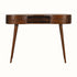 A large chestnut-colored writing desk with an open slot shelf and two drawers, featuring a brass knob and four tapered legs.