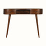 A large chestnut-colored writing desk with an open slot shelf and two drawers, featuring a brass knob and four tapered legs.